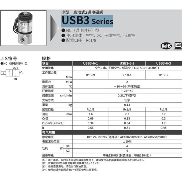 CKD喜開理多種流體小型直動式2通電磁閥USB3-6-1-B-DC12V
