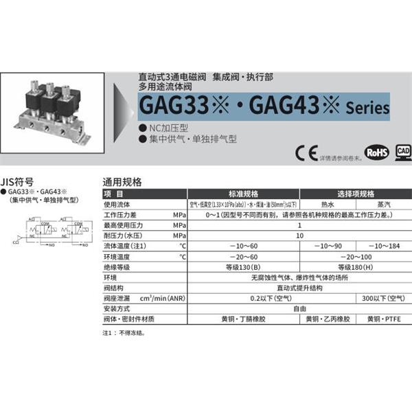 CKD喜開理多種流體直動式2通電磁集成閥GAG332G-2-0-AC100V