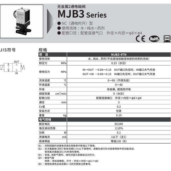 CKD喜開理無金屬2通電磁閥MJB3-4TN-SF-DC24V