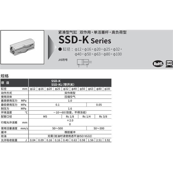 CKD喜開理超級緊湊型氣缸SSD-K-50-5-N-LB-I