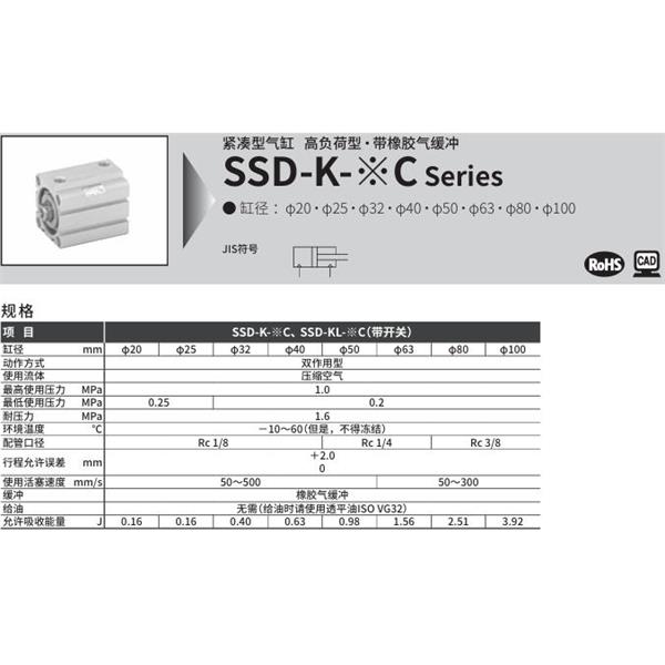 CKD喜開理超級緊湊型氣缸SSD-K-25C-10-N-LB-I